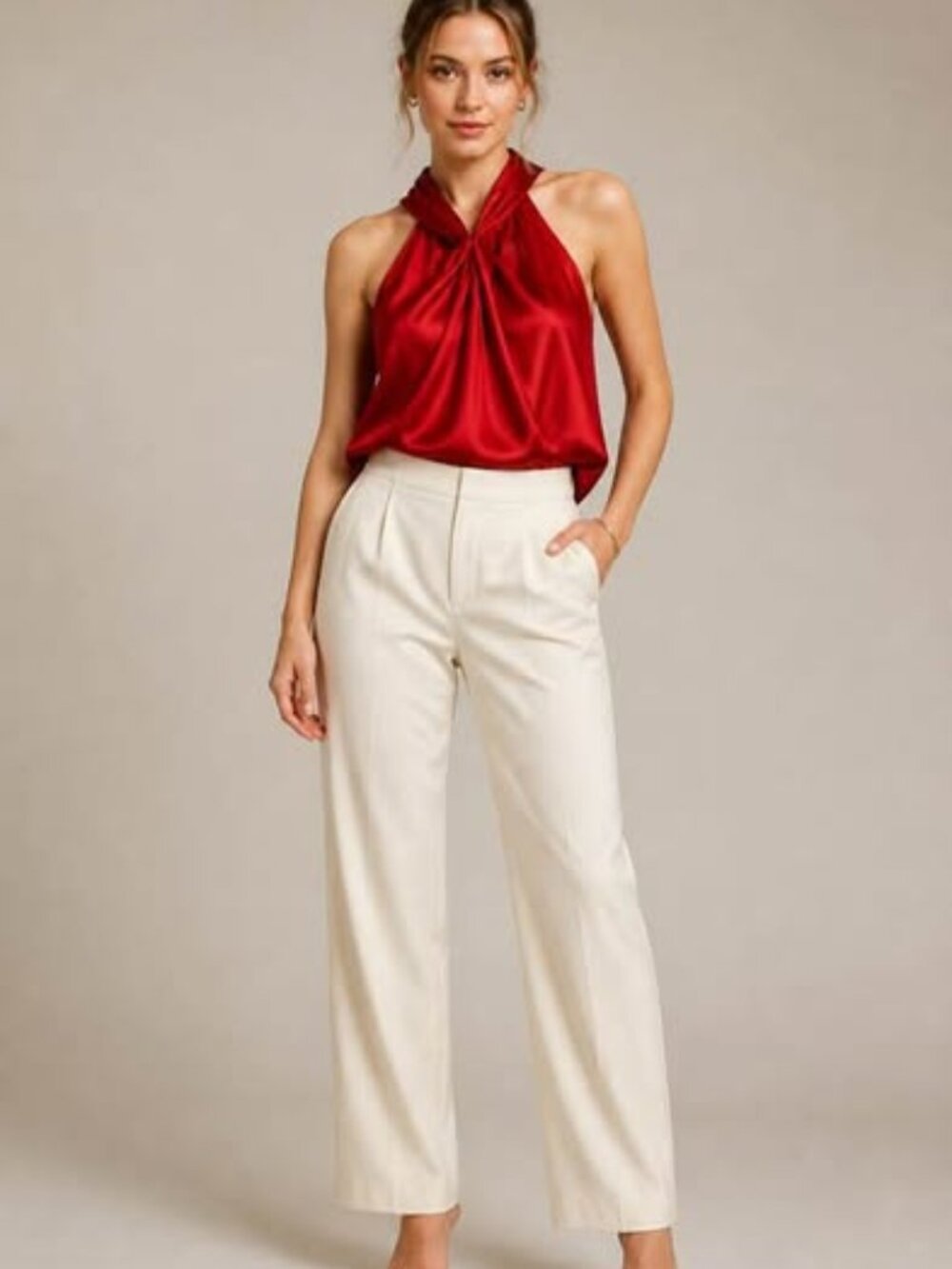 Ann Taylor Petites 12P Women's Red Satin Twist Neck Sleeveless Blouse NWT